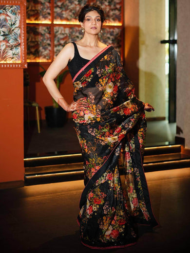 Astonishing Black Floral Printed Organza Party Wear Saree With Blouse